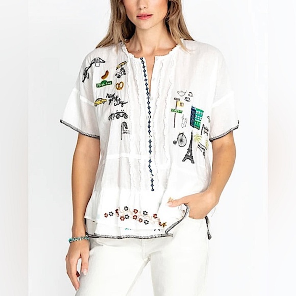 Johnny Was Biya Voyage Embroidered Top, XS